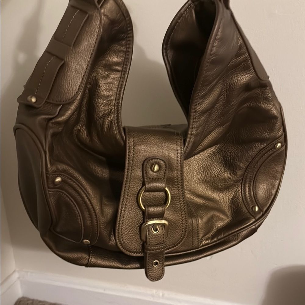 EUC Y2K cold water creek brown leather buckle bag in a bronze‎ color
